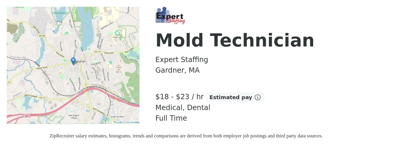 Expert Staffing job posting for a Mold Technician in Gardner, MA with a salary of $19 to $24 Hourly and benefits including medical, and dental with a map of Gardner location.