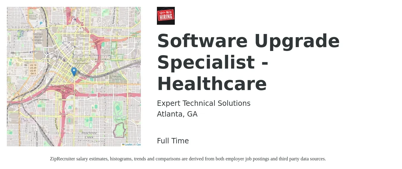 Expert Technical Solutions job posting for a Software Upgrade Specialist - Healthcare in Atlanta, GA with a salary of $54,300 to $105,800 Yearly with a map of Atlanta location.