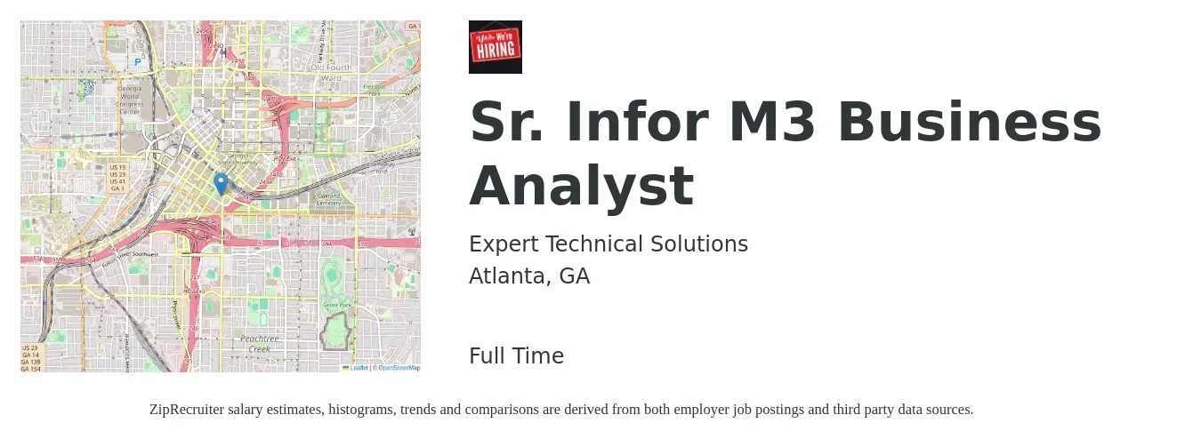 Expert Technical Solutions job posting for a Sr. Infor M3 Business Analyst in Atlanta, GA with a salary of $89,000 to $114,900 Yearly with a map of Atlanta location.