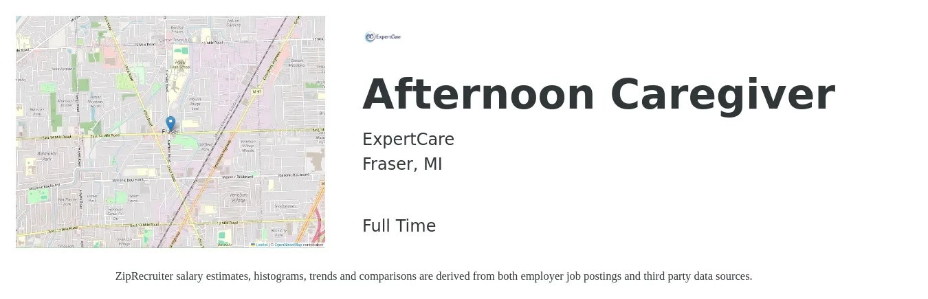 ExpertCare job posting for a Afternoon Caregiver in Fraser, MI with a salary of $16 to $17 Hourly with a map of Fraser location.