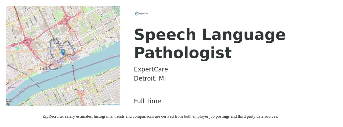 ExpertCare job posting for a Speech Language Pathologist in Detroit, MI with a salary of $37 to $53 Hourly with a map of Detroit location.