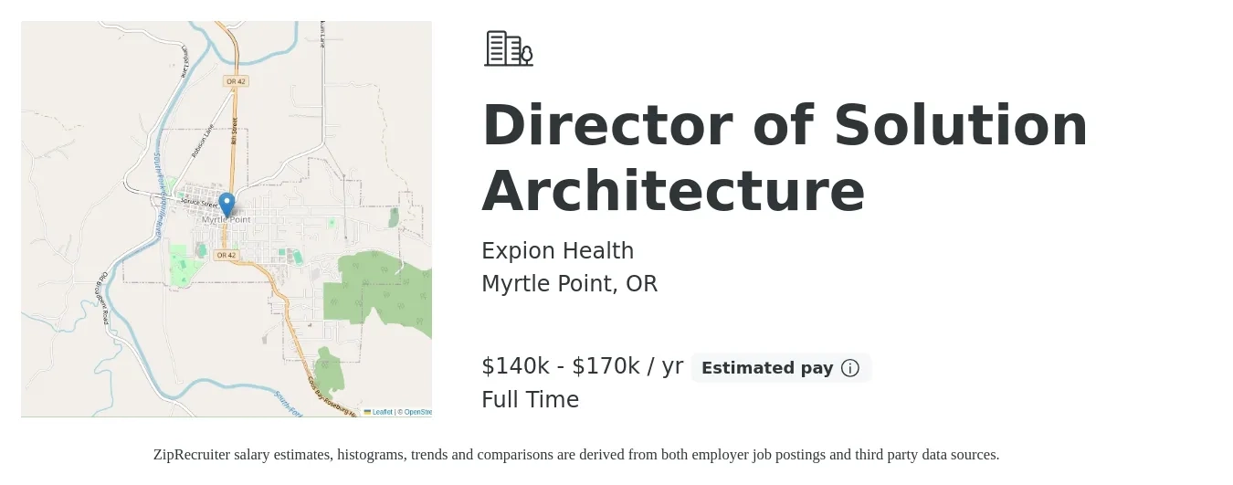Expion Health job posting for a Director of Solution Architecture in Myrtle Point, OR with a salary of $140,000 to $170,000 Yearly with a map of Myrtle Point location.