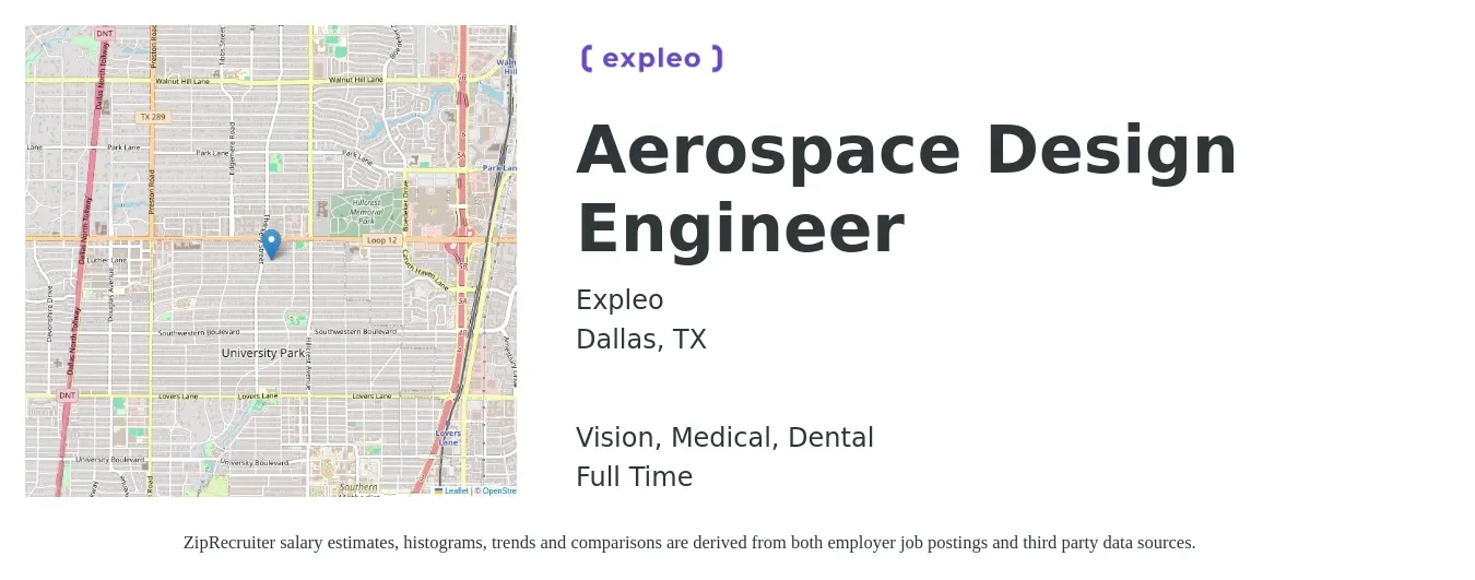 Expleo job posting for a Aerospace Design Engineer in Dallas, TX with a salary of $67,300 to $97,400 Yearly and benefits including dental, life_insurance, medical, retirement, and vision with a map of Dallas location.
