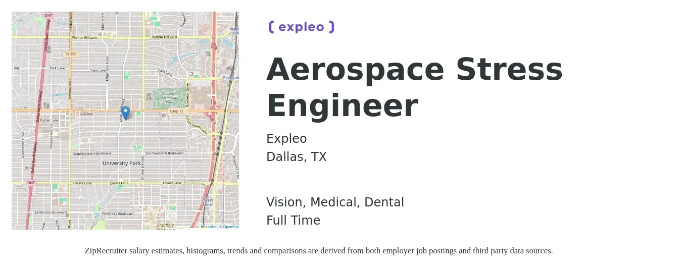 Expleo job posting for a Aerospace Stress Engineer in Dallas, TX with a salary of $79,100 to $135,500 Yearly and benefits including life_insurance, medical, retirement, vision, and dental with a map of Dallas location.
