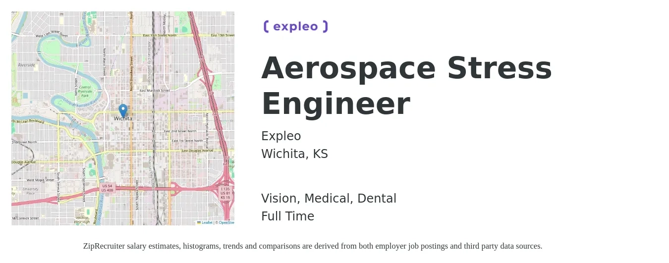 Expleo job posting for a Aerospace Stress Engineer in Wichita, KS with a salary of $71,600 to $122,600 Yearly and benefits including vision, dental, life_insurance, medical, and retirement with a map of Wichita location.