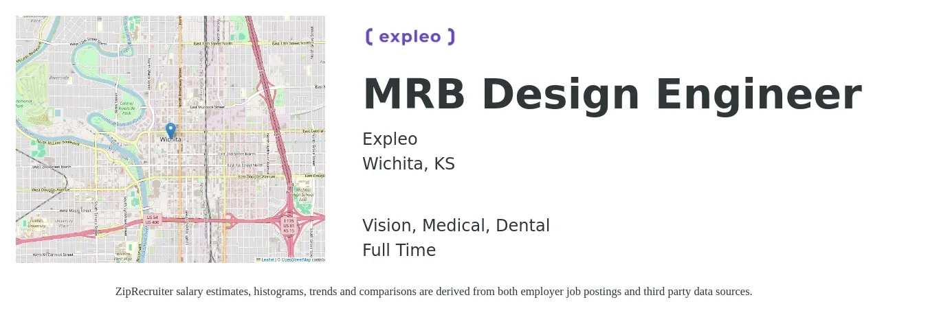 Expleo job posting for a MRB Design Engineer in Wichita, KS with a salary of $37 to $69 Hourly and benefits including medical, retirement, vision, dental, and life_insurance with a map of Wichita location.
