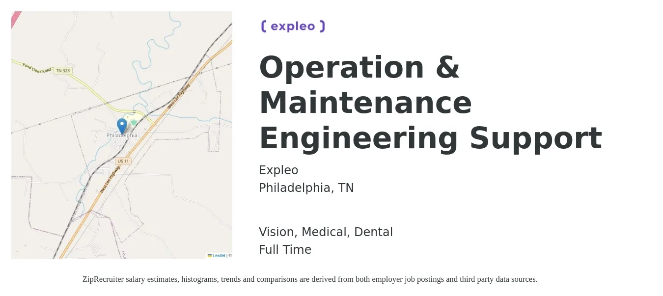 Expleo job posting for a Operation & Maintenance Engineering Support in Philadelphia, TN with a salary of $16 to $29 Hourly and benefits including dental, life_insurance, medical, pto, retirement, and vision with a map of Philadelphia location.