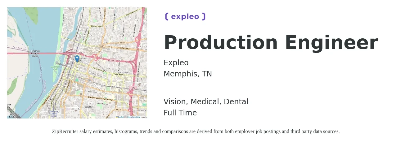 Expleo job posting for a Production Engineer in Memphis, TN with a salary of $138,900 Yearly and benefits including dental, life_insurance, medical, retirement, and vision with a map of Memphis location.
