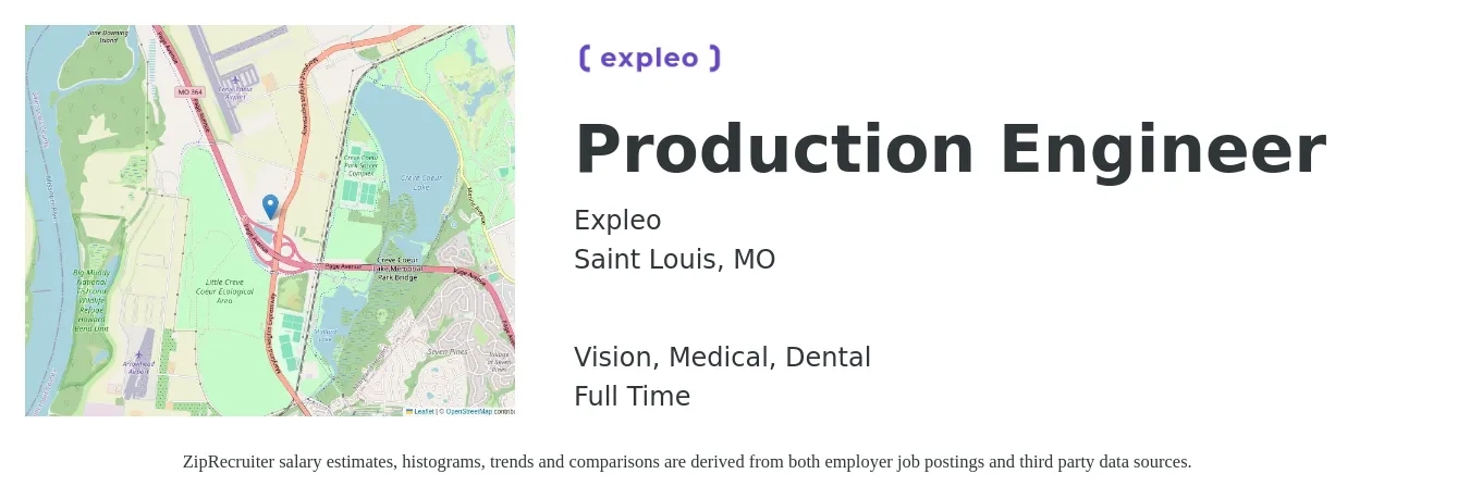 Expleo job posting for a Production Engineer in Saint Louis, MO with a salary of $139,000 Yearly and benefits including dental, life_insurance, medical, retirement, and vision with a map of Saint Louis location.
