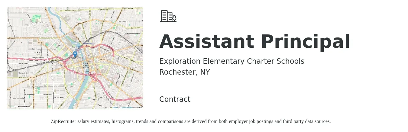 Exploration Elementary Charter Schools job posting for a Assistant Principal in Rochester, NY with a salary of $80,000 to $85,000 Yearly with a map of Rochester location.