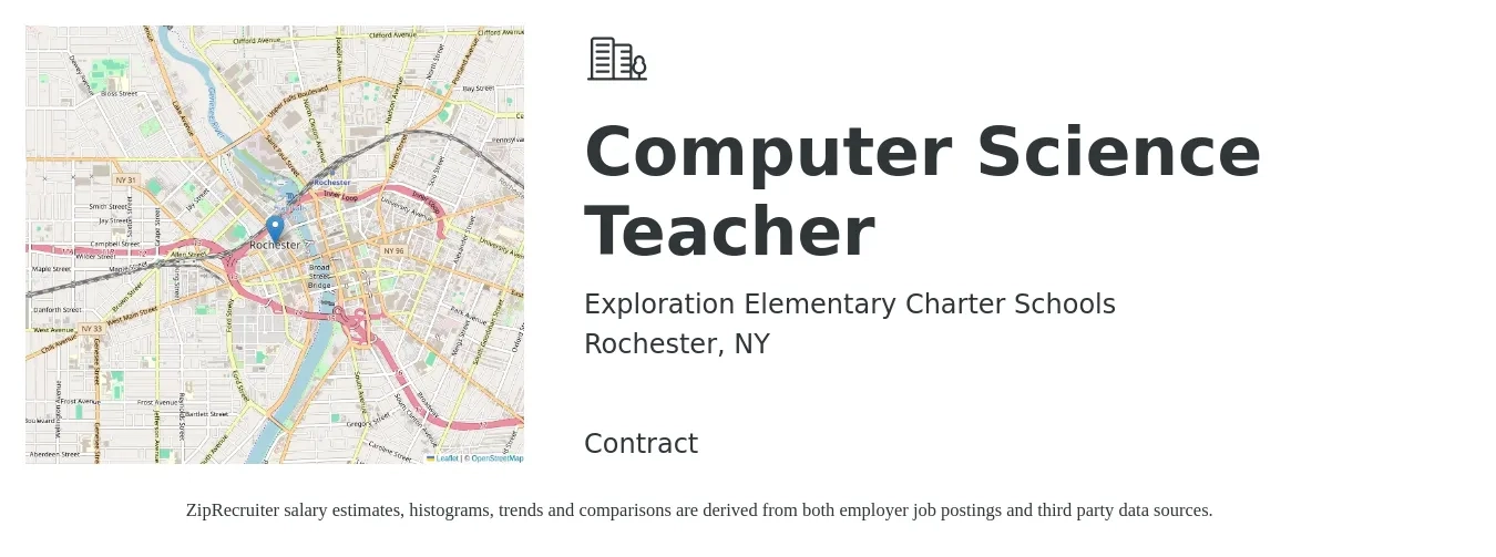 Exploration Elementary Charter Schools job posting for a Computer Science Teacher in Rochester, NY with a salary of $49,900 to $68,600 Yearly with a map of Rochester location.