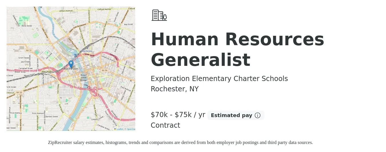 Exploration Elementary Charter Schools job posting for a Human Resources Generalist in Rochester, NY with a salary of $70,000 to $75,000 Yearly with a map of Rochester location.