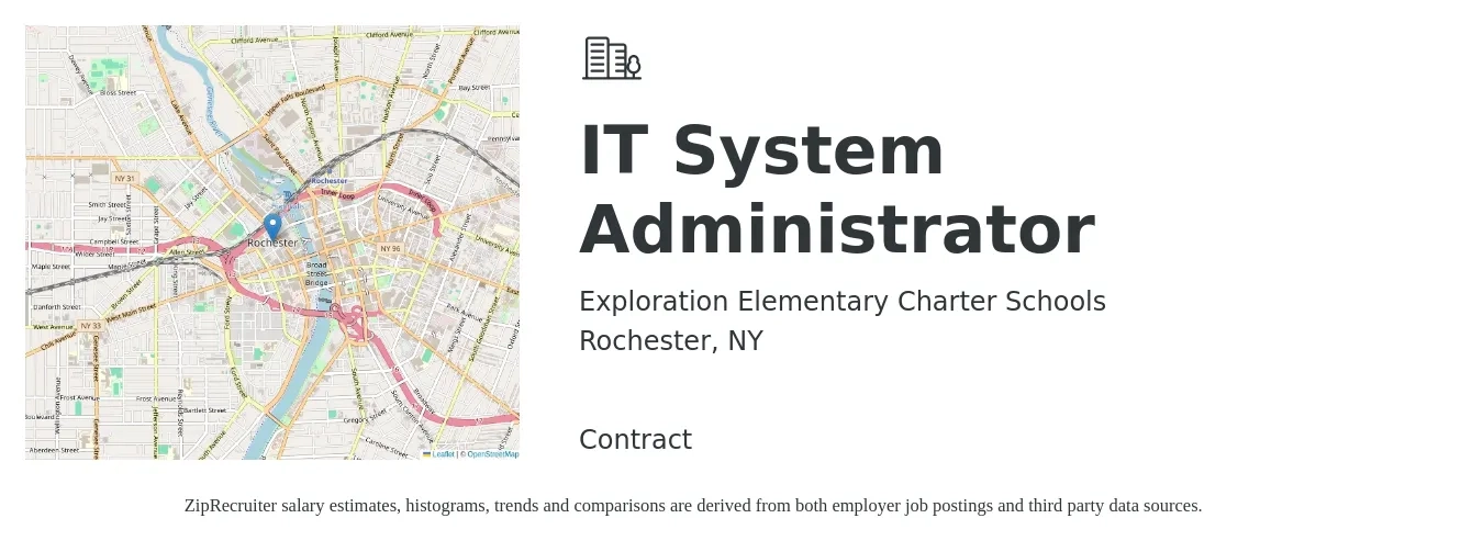 Exploration Elementary Charter Schools job posting for a IT System Administrator in Rochester, NY with a salary of $66,200 to $93,300 Yearly with a map of Rochester location.