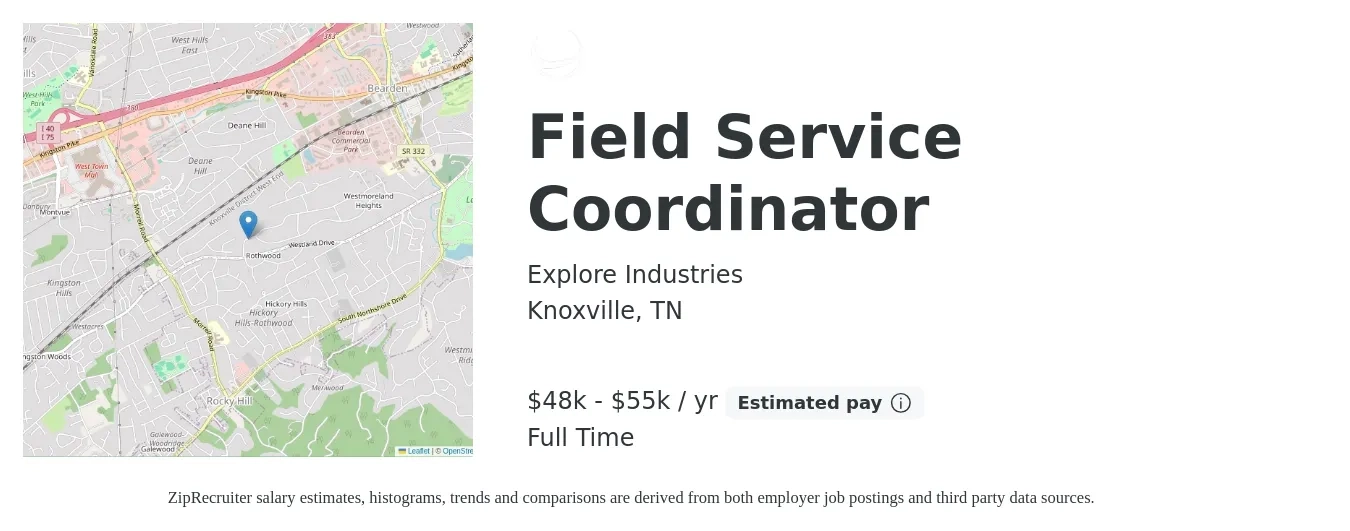 Explore Industries job posting for a Field Service Coordinator in Knoxville, TN with a salary of $48,000 to $55,000 Yearly with a map of Knoxville location.