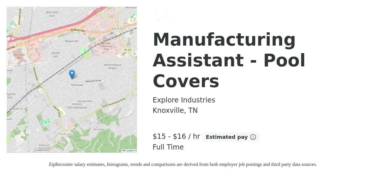 Explore Industries job posting for a Manufacturing Assistant - Pool Covers in Knoxville, TN with a salary of $16 to $17 Hourly with a map of Knoxville location.