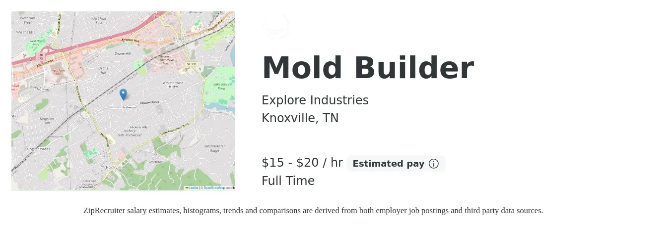Explore Industries job posting for a Mold Builder in Knoxville, TN with a salary of $16 to $21 Hourly with a map of Knoxville location.