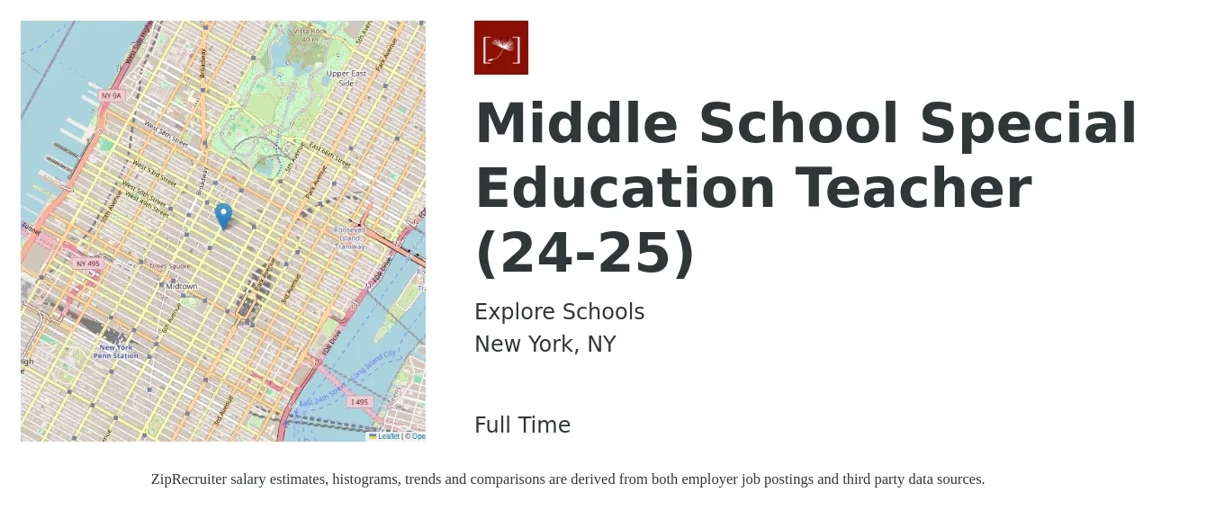 Explore Schools job posting for a Middle School Special Education Teacher (24-25) in New York, NY with a salary of $50,800 to $63,900 Yearly with a map of New York location.