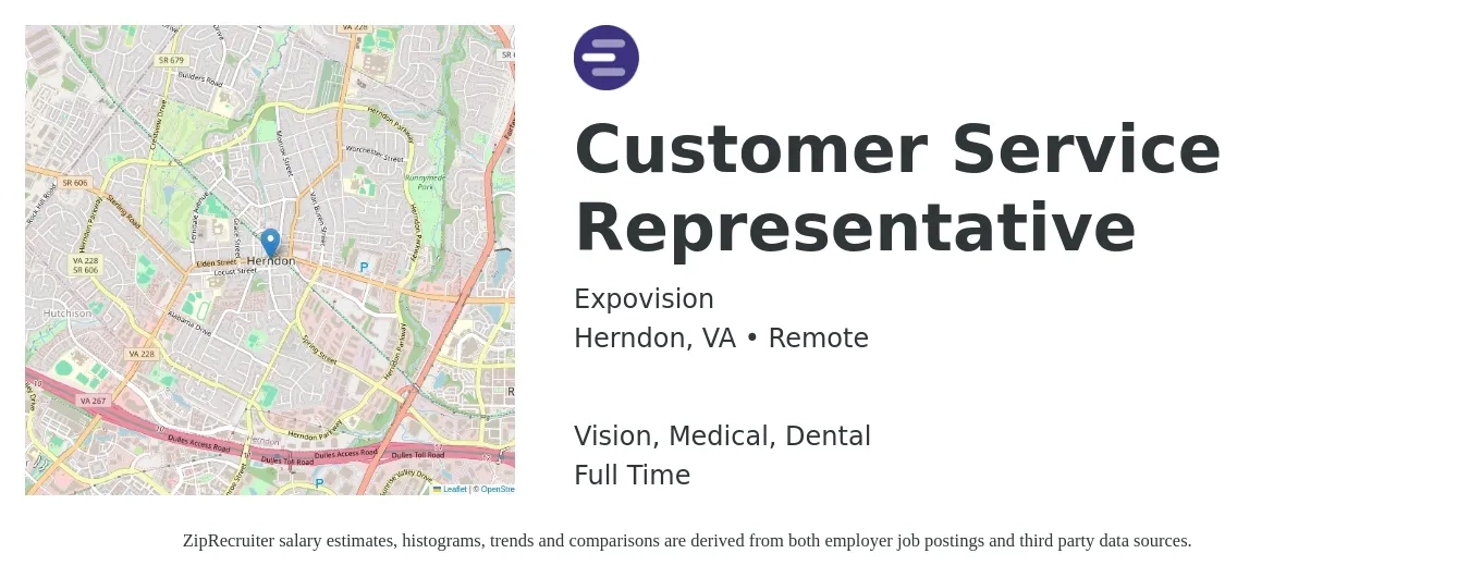 Expovision job posting for a Customer Service Representative in Herndon, VA with a salary of $16 to $22 Hourly and benefits including dental, life_insurance, medical, pto, retirement, and vision with a map of Herndon location.