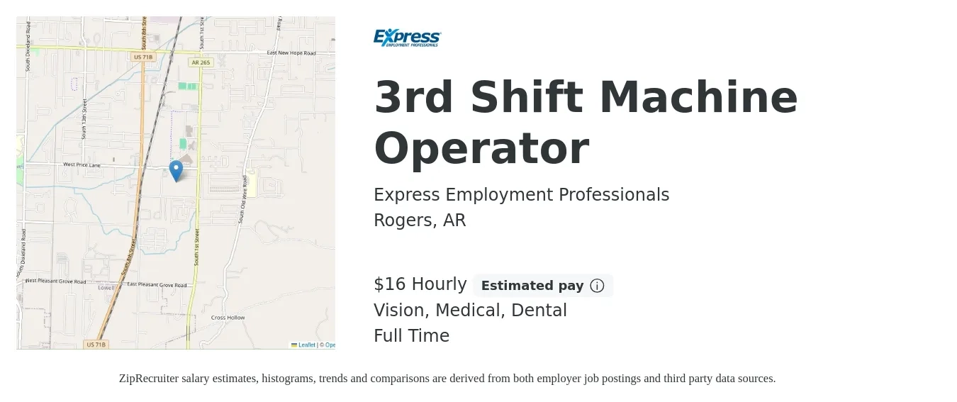 Express Employment Professionals job posting for a 3rd Shift Machine Operator in Rogers, AR with a salary of $17 Hourly and benefits including dental, medical, and vision with a map of Rogers location.