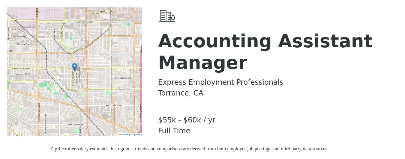 Express Employment Professionals job posting for a Accounting Assistant Manager in Torrance, CA with a salary of $50,000 to $60,000 Yearly and benefits including medical, and retirement with a map of Torrance location.