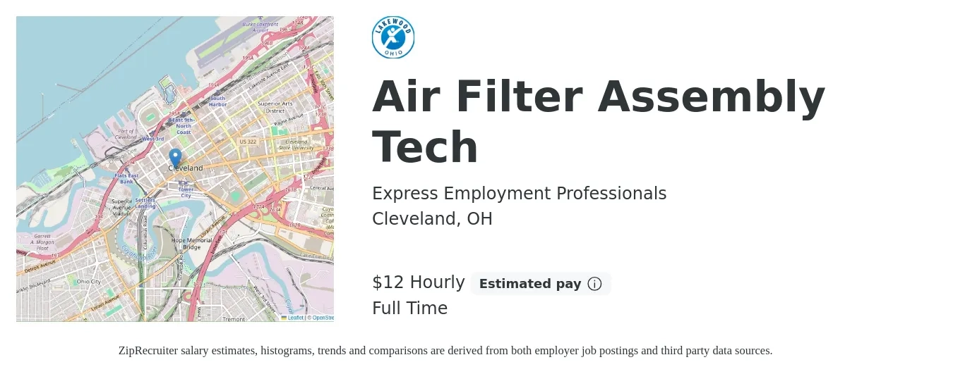 Express Employment Professionals job posting for a Air Filter Assembly Tech in Cleveland, OH with a salary of $14 Hourly with a map of Cleveland location.