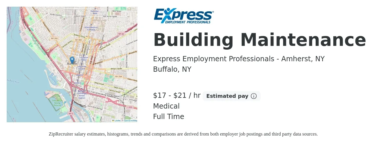 Express Employment Professionals - Amherst, NY job posting for a Building Maintenance in Buffalo, NY with a salary of $18 to $22 Hourly and benefits including medical with a map of Buffalo location.