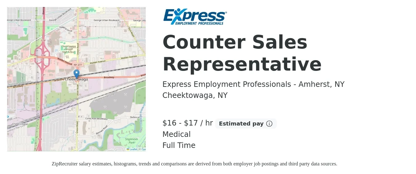 Express Employment Professionals - Amherst, NY job posting for a Counter Sales Representative in Cheektowaga, NY with a salary of $17 to $18 Hourly and benefits including medical with a map of Cheektowaga location.