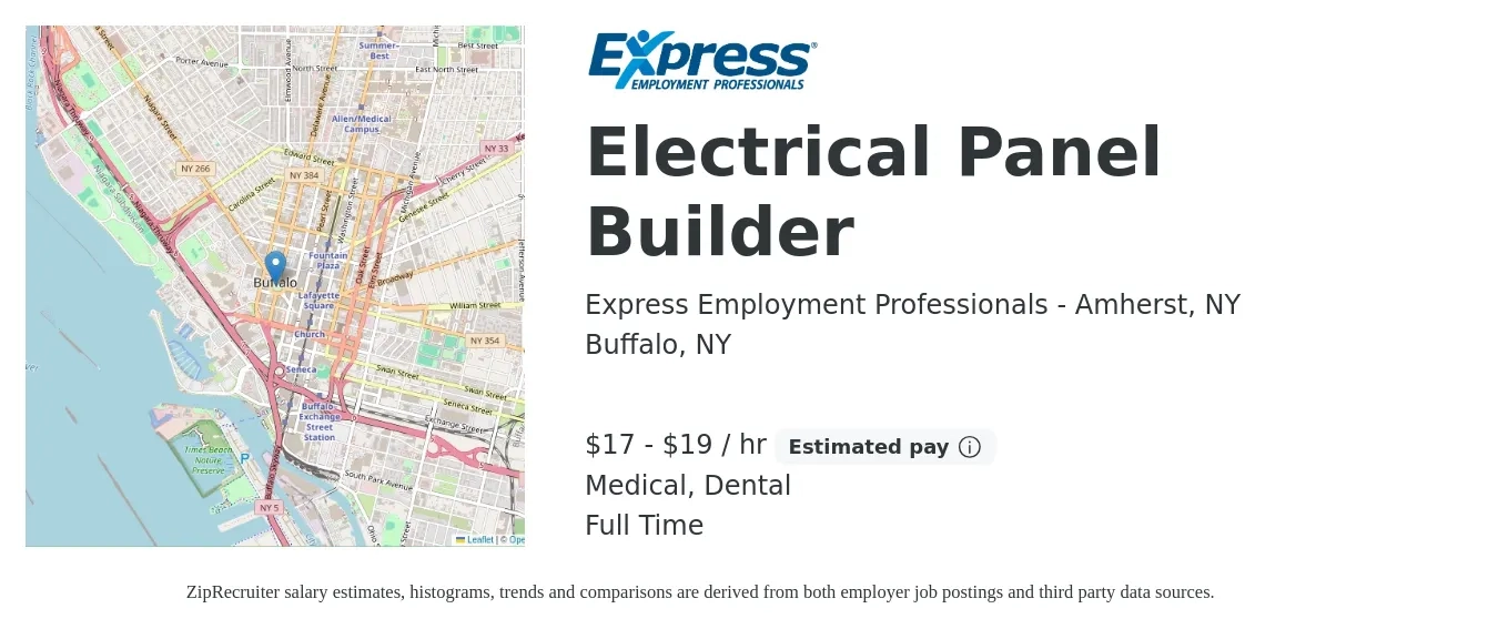 Express Employment Professionals - Amherst, NY job posting for a Electrical Panel Builder in Buffalo, NY with a salary of $18 to $20 Hourly and benefits including dental, and medical with a map of Buffalo location.
