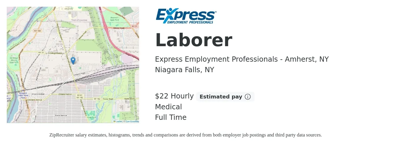 Express Employment Professionals - Amherst, NY job posting for a Laborer in Niagara Falls, NY with a salary of $23 Hourly and benefits including medical with a map of Niagara Falls location.