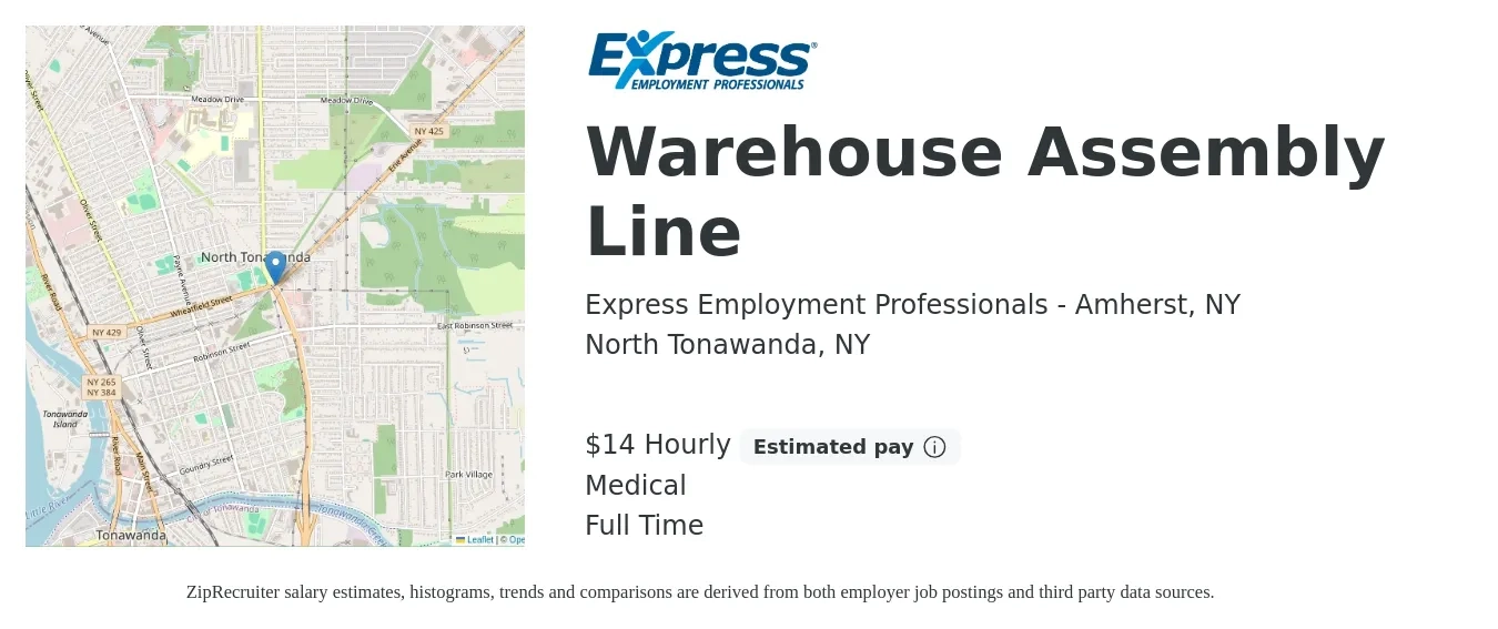 Express Employment Professionals - Amherst, NY job posting for a Warehouse Assembly Line in North Tonawanda, NY with a salary of $16 Hourly and benefits including medical with a map of North Tonawanda location.