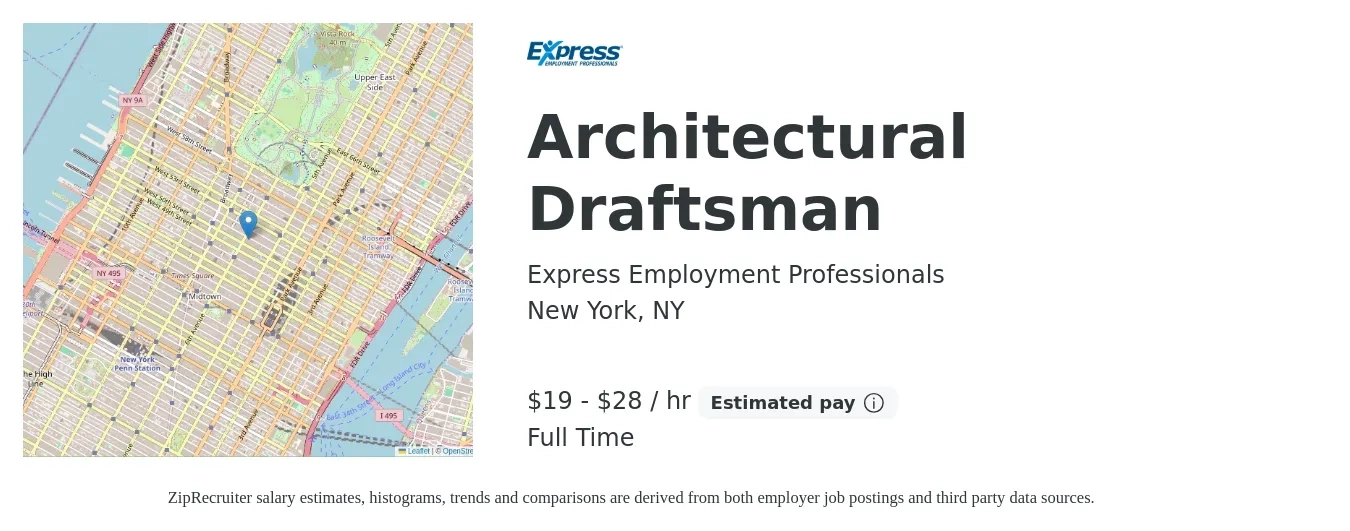 Express Employment Professionals job posting for a Architectural Draftsman in New York, NY with a salary of $20 to $30 Hourly with a map of New York location.