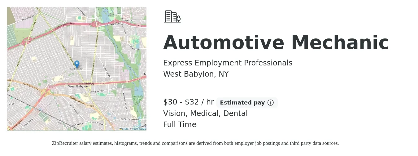 Express Employment Professionals job posting for a Automotive Mechanic in West Babylon, NY with a salary of $32 to $34 Hourly and benefits including medical, retirement, vision, and dental with a map of West Babylon location.