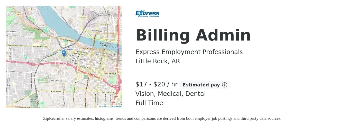 Express Employment Professionals job posting for a Billing Admin in Little Rock, AR with a salary of $18 to $21 Hourly and benefits including retirement, vision, dental, life_insurance, and medical with a map of Little Rock location.