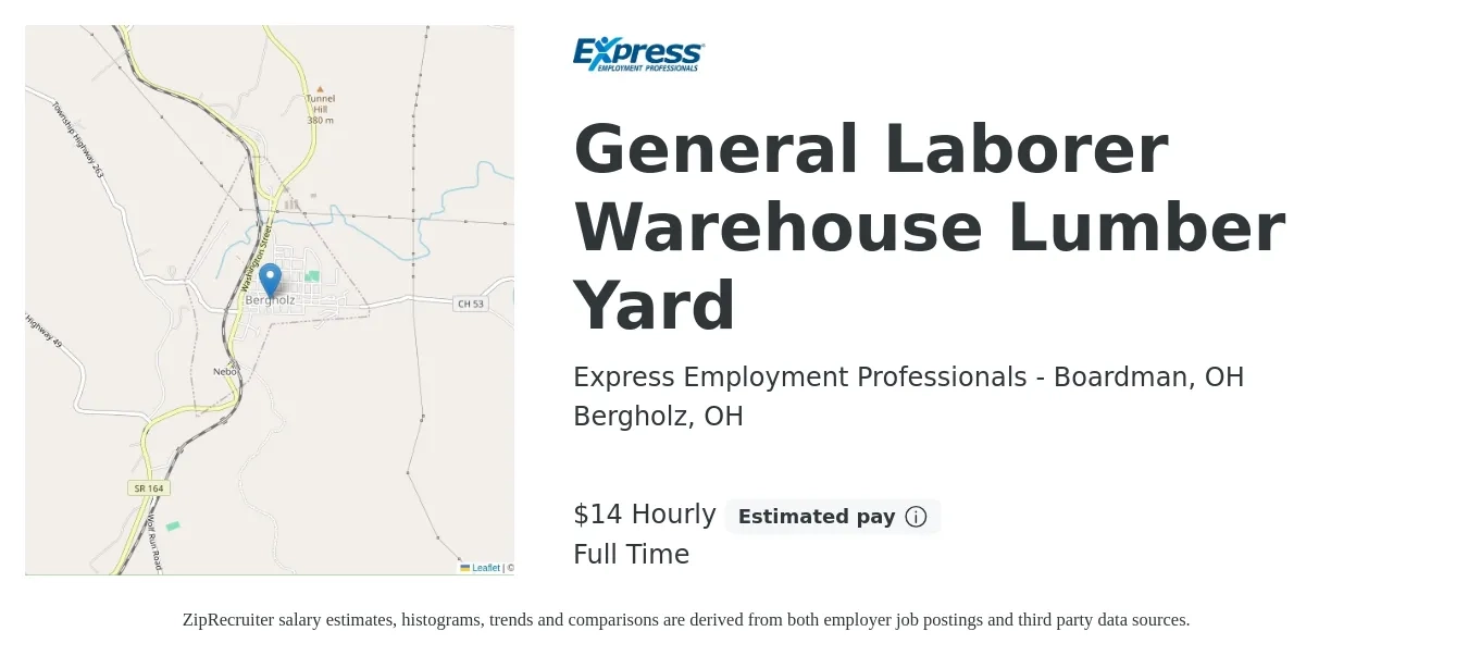 Express Employment Professionals - Boardman, OH job posting for a General Laborer Warehouse Lumber Yard in Bergholz, OH with a salary of $16 Hourly with a map of Bergholz location.