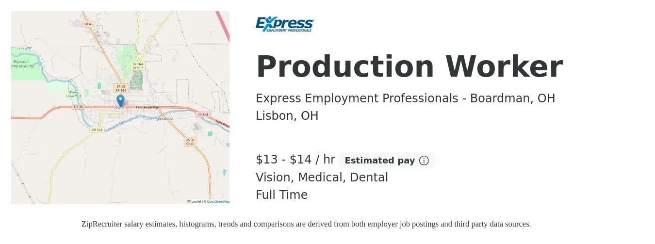 Express Employment Professionals - Boardman, OH job posting for a Production Worker in Lisbon, OH with a salary of $14 to $15 Hourly and benefits including retirement, vision, dental, life_insurance, medical, and pto with a map of Lisbon location.