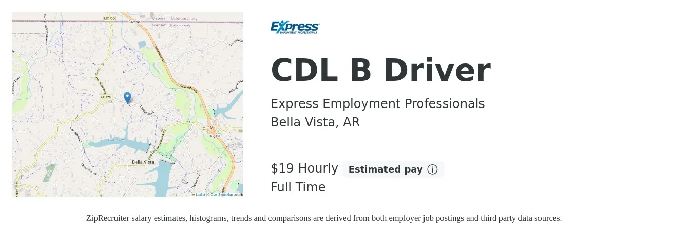 Express Employment Professionals job posting for a CDL B Driver in Bella Vista, AR with a salary of $20 Hourly with a map of Bella Vista location.