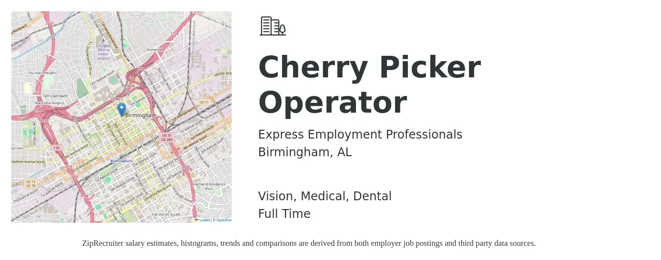Express Employment Professionals job posting for a Cherry Picker Operator in Birmingham, AL with a salary of $16 to $18 Hourly and benefits including retirement, vision, dental, life_insurance, and medical with a map of Birmingham location.