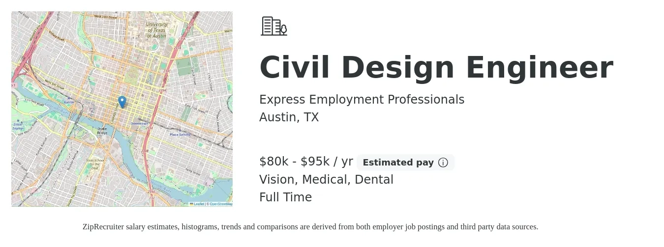 Express Employment Professionals job posting for a Civil Design Engineer in Austin, TX with a salary of $80,000 to $95,000 Yearly and benefits including medical, pto, retirement, vision, and dental with a map of Austin location.