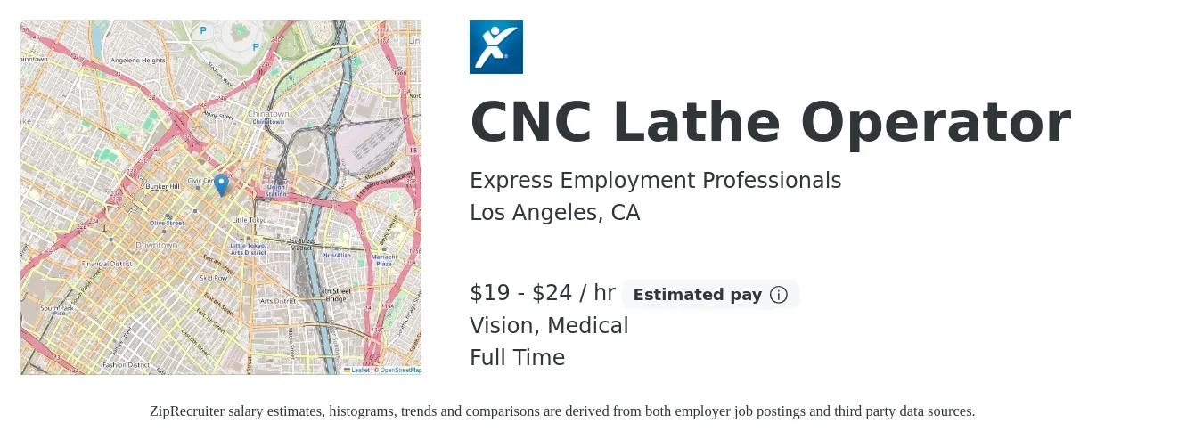 Express Employment Professionals job posting for a CNC Lathe Operator in Los Angeles, CA with a salary of $20 to $25 Hourly and benefits including medical, retirement, and vision with a map of Los Angeles location.