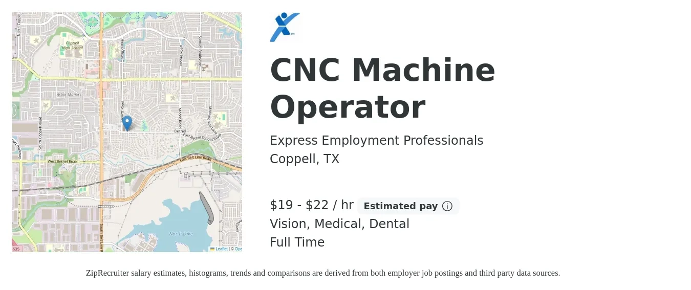 Express Employment Professionals job posting for a CNC Machine Operator in Coppell, TX with a salary of $20 to $23 Hourly and benefits including vision, dental, and medical with a map of Coppell location.