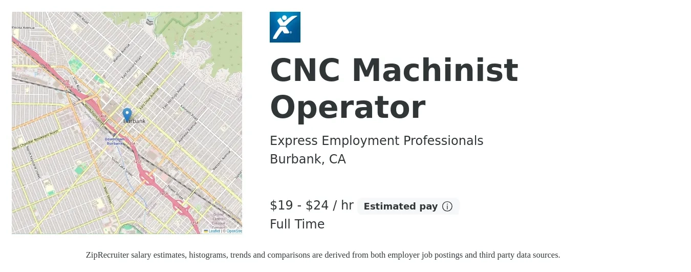 Express Employment Professionals job posting for a CNC Milling Operator in Burbank, CA with a salary of $18 to $25 Hourly with a map of Burbank location.