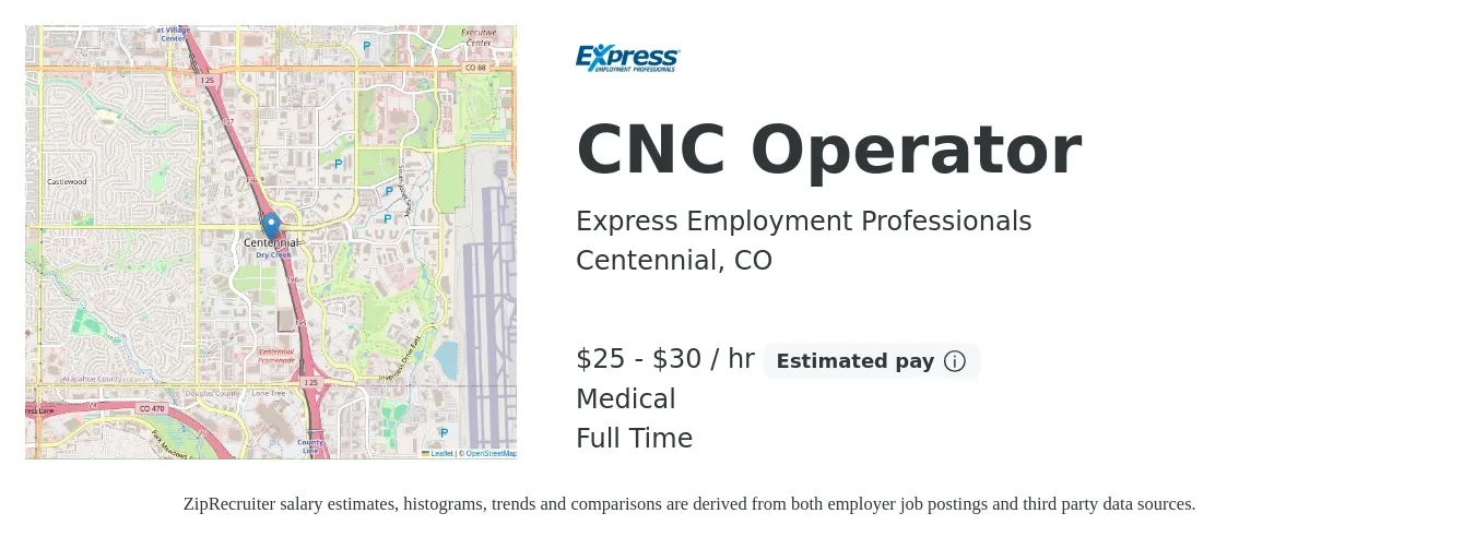 Express Employment Professionals job posting for a CNC Operator in Centennial, CO with a salary of $26 to $32 Hourly and benefits including medical with a map of Centennial location.