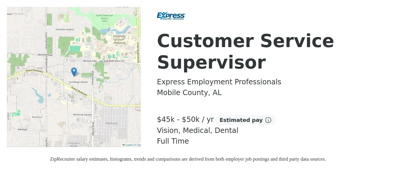 Express Employment Professionals job posting for a Customer Service Supervisor in Mobile County, AL with a salary of $45,000 to $50,000 Yearly and benefits including vision, dental, medical, and retirement with a map of Mobile County location.