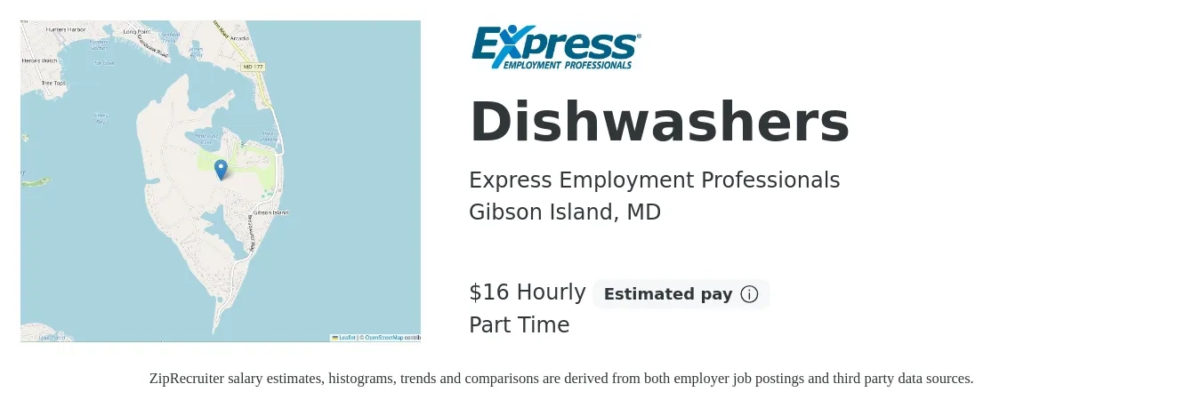 Express Employment Professionals job posting for a Dishwashers in Gibson Island, MD with a salary of $18 Hourly with a map of Gibson Island location.