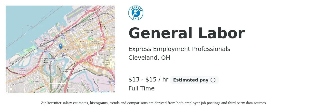 Express Employment Professionals job posting for a General Labor in Cleveland, OH with a salary of $14 to $16 Hourly with a map of Cleveland location.