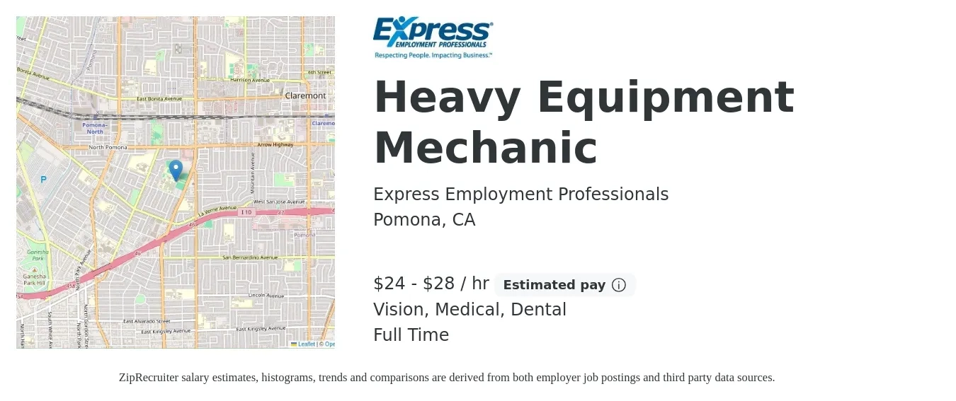 Express Employment Professionals job posting for a Heavy Equipment Mechanic in Pomona, CA with a salary of $25 to $30 Hourly and benefits including medical, retirement, vision, and dental with a map of Pomona location.