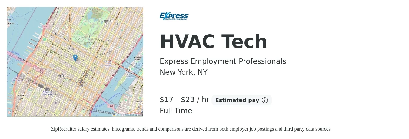 Express Employment Professionals job posting for a HVAC Tech in New York, NY with a salary of $18 to $24 Hourly with a map of New York location.