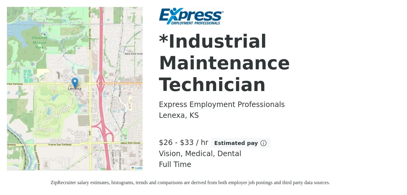 Express Employment Professionals job posting for a *Industrial Maintenance Technician in Lenexa, KS with a salary of $28 to $35 Hourly and benefits including medical, vision, and dental with a map of Lenexa location.