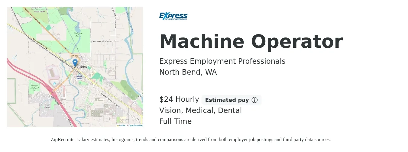 Express Employment Professionals job posting for a Machine Operator in North Bend, WA with a salary of $25 Hourly and benefits including life_insurance, medical, retirement, vision, and dental with a map of North Bend location.
