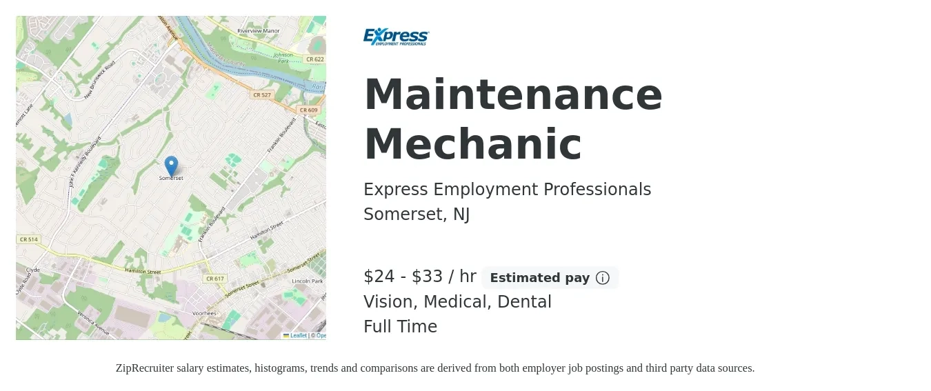 Express Employment Professionals job posting for a Maintenance Mechanic in Somerset, NJ with a salary of $25 to $35 Hourly and benefits including dental, life_insurance, medical, retirement, and vision with a map of Somerset location.